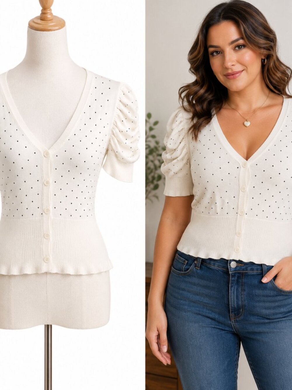 Worthington Size Large Polka Dot Puff Sleeve Cardigan Coquette Cottagecore Chic